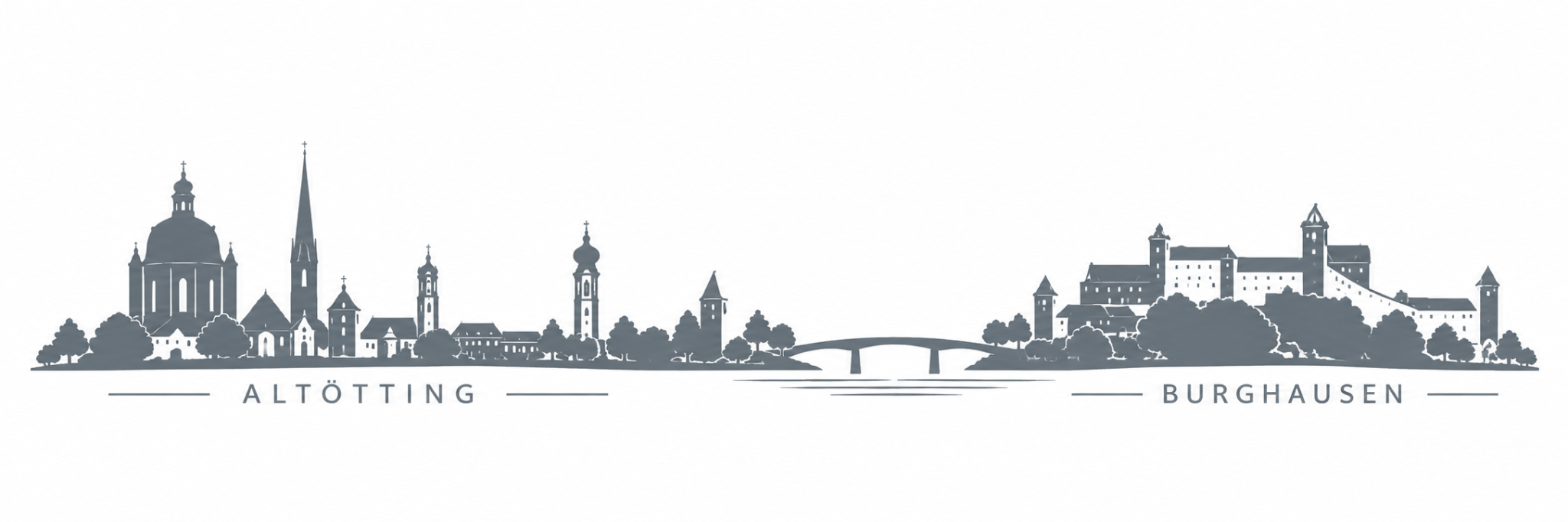Silhouette von Altötting bis Burghausen mit Basilika und Burganlage